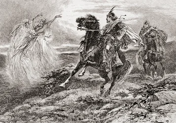 En scene fra William Shakespeares skuespil Macbeth, Act I, Scene 3, First Witch: Alle hils, Macbeth! hils dig, end Glamis, fra The Works of William Shakespeare, udgivet 1896